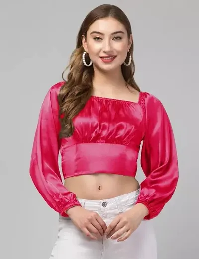 Ruched Bust Lantern Trendy Sleeve Crop Satin Top