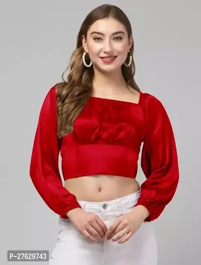 Ruched Bust Lantern Trendy Sleeve Crop Red Satin Top-thumb0