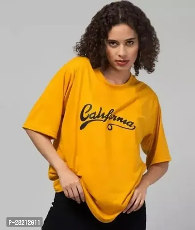 Beautiful Yellow Cotton Blend Printed Oversized T-Shirt For Women