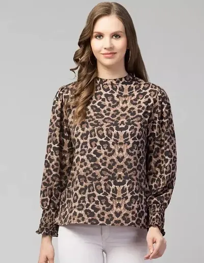 SHRASHTI Animal Print Cuff Sleeve Style Round Neck Tops for Women (Small, Multicolored)