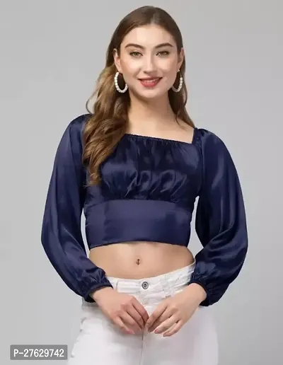 Ruched Bust Lantern Trendy Sleeve Crop Navy Satin Top