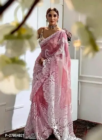 Pink Net Embroidery Work Saree With Embroidery Blouse Piece