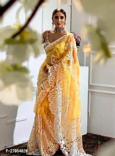 Yellow Net Embroidery Work Saree With Embroidery Blouse Piece