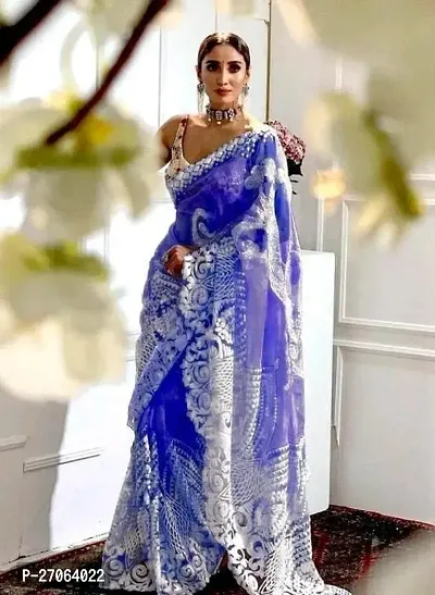 Royal Blue Net Embroidery Work Saree With Embroidery Blouse Piece