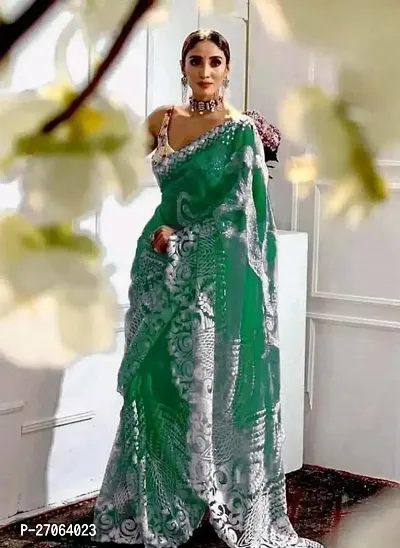 Green Net Embroidery Work Saree With Embroidery Blouse Piece-thumb0