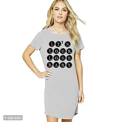 Stylish Grey Cotton Blend Printed Round Neck T-shirt Dress For Women-thumb0