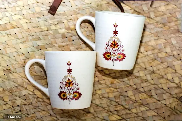 MRD Zone Exclusive White Indian Ceramic Coffee Mugs Set of 2 250 ML Each, Stylish Floral Print Tea Cup Set Milk Mugs Set.(Kalgi)