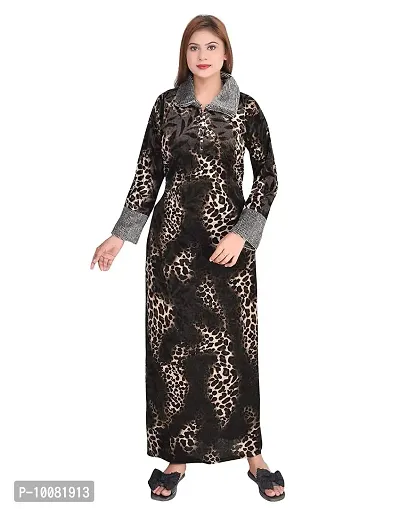 MGrandbear Adorable Tiger Print Velvet Nighty Maxi for Women (Free Size, Brown)-thumb0