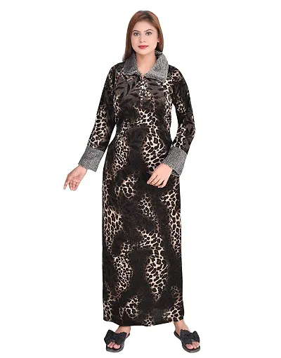 Alluring Winter Animal Print Velvet Nighty/Night Gown For Women