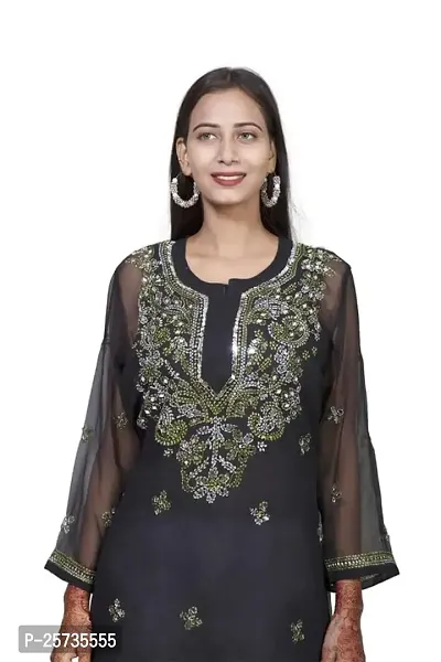 Women's Georgette Chikankari Embroidery Anarkali Kurta (Colour:-Black Size:-42)-thumb4