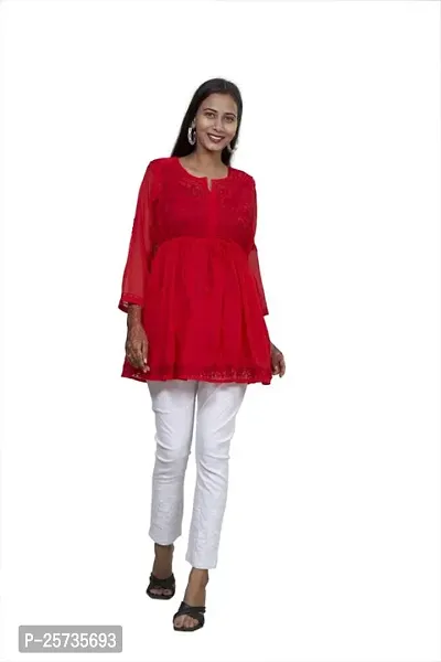 Women's Georgette Chikankari Embroidery Anarkali Kurta Red-thumb4