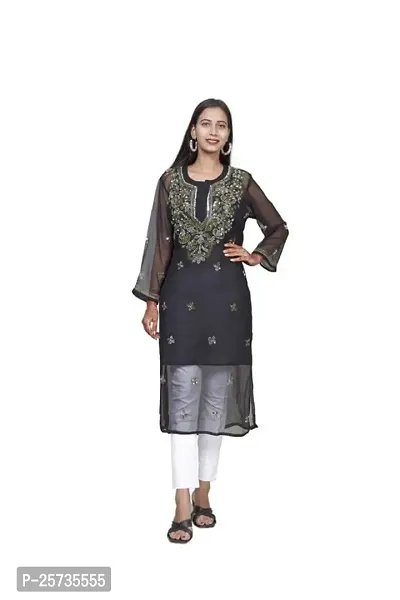 Women's Georgette Chikankari Embroidery Anarkali Kurta (Colour:-Black Size:-42)