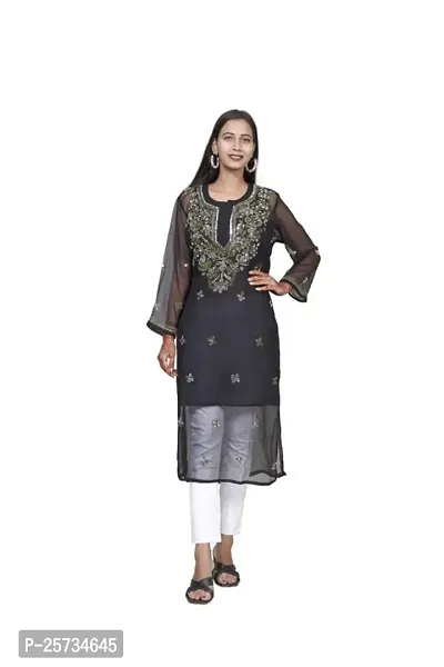 Women's Georgette Chikankari Embroidery Anarkali Kurta (Colour:-Black Size:-38)