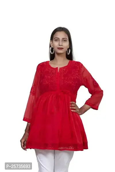 Women's Georgette Chikankari Embroidery Anarkali Kurta Red