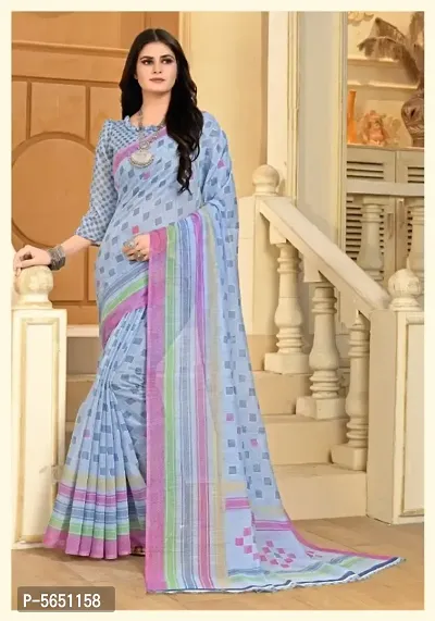 Beautiful Linen Printed Saree with Blouse piece-thumb0