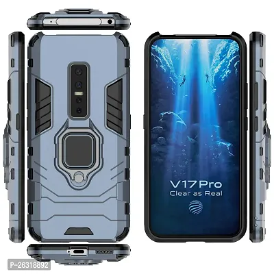 Sunny Fashion Dual Layer Hybrid Shock Proof Ring Holder Hard Carbon Soft Silicon Camera Bumper Armor Back Case Cover for Vivo V17 Pro - Blue-thumb3