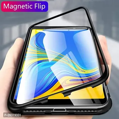 Sunny Fashion 2 in1 360? Magnetic Metal Bumper Transparent Tempered Glass Case Cover Case for Samsung Galaxy A7 2018 - Black