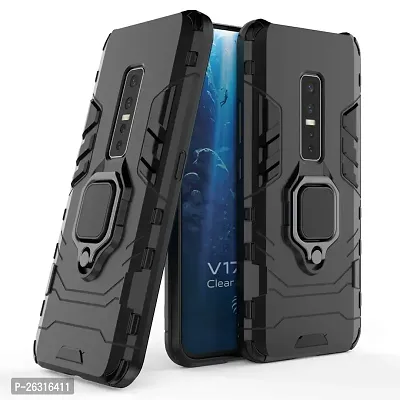 Sunny Fashion Dual Layer Hybrid Shock Proof Ring Holder Hard Carbon Soft Silicon Camera Bumper Armor Back Case Cover for Vivo V17 Pro - Black-thumb2