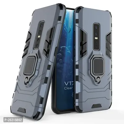 Sunny Fashion Dual Layer Hybrid Shock Proof Ring Holder Hard Carbon Soft Silicon Camera Bumper Armor Back Case Cover for Vivo V17 Pro - Blue-thumb2