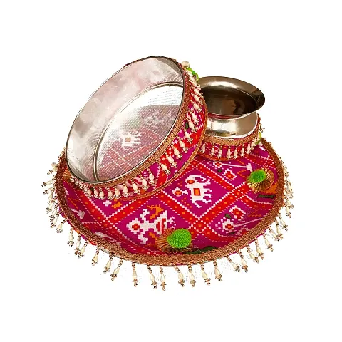 Sunny Fashion Karwa Chauth Traditional & Beautiful Pooja Thali Set | Stainless Steel Thali Set | Lota, Kalash, Diya, and Bowls | Traditional Pooja Thalis | Channi Lota Included