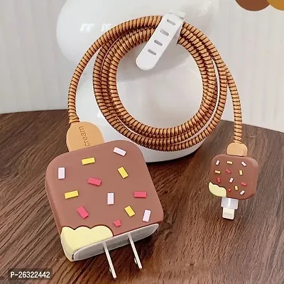 Sunny Fashion Compatible with iPhone Charger Case Cover | Cartoon Character Silicon Charger Case Cover for 18-20W 360 Degree Full Protection Cover (Brown Icecream) (with Wire Cover)