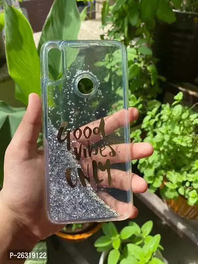 SUNNY FASHION Girls Soft TPU Good Vibes Only Designer Moving Liquid Floating Waterfall Running Glitter Sparkle Back Cover for Xiaomi Redmi Note 7 / Note 7 Pro - Silver