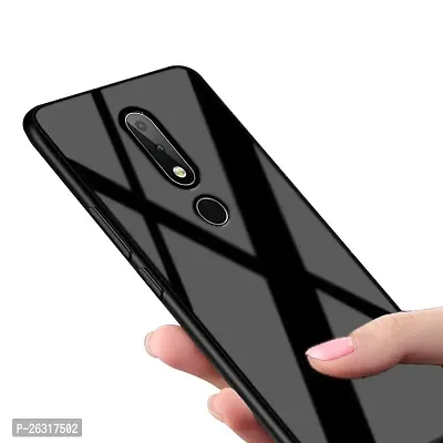 Sunny Fashion Luxurious Toughened Glass Back Case with Shockproof TPU Bumper Back Case Cover for Nokia 6.1 Plus - Black