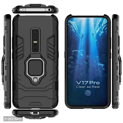 Sunny Fashion Dual Layer Hybrid Shock Proof Ring Holder Hard Carbon Soft Silicon Camera Bumper Armor Back Case Cover for Vivo V17 Pro - Black-thumb3