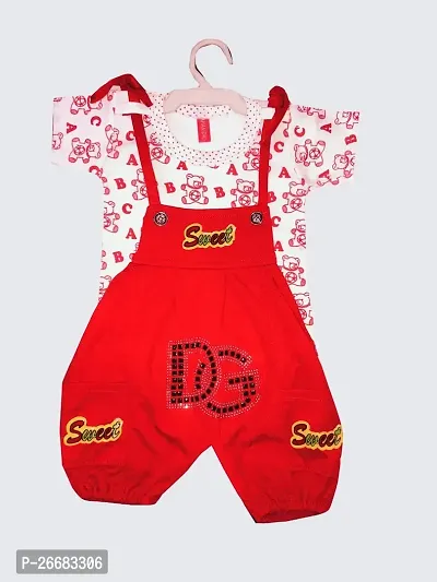 Elegant Red Cotton Printed Dungarees For Kids