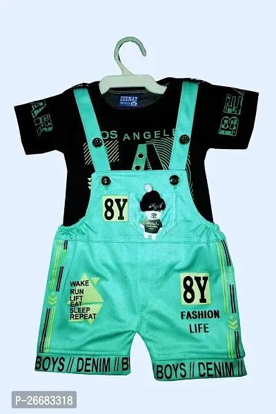 Elegant Turquoise Cotton Printed Dungarees For Kids