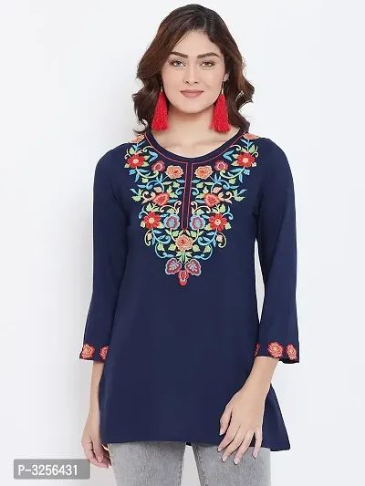 Navy Blue Embroidered Viscose Rayon Top-thumb0