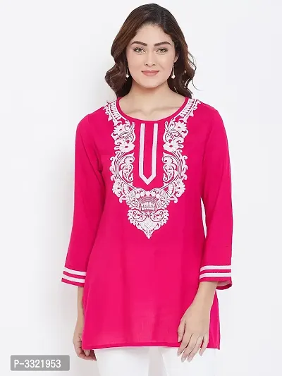 Women's Embroidered Pink Viscose Rayon Above Knee Length Top