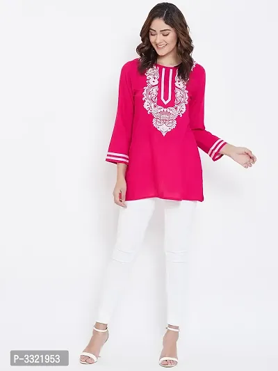 Women's Embroidered Pink Viscose Rayon Above Knee Length Top-thumb3