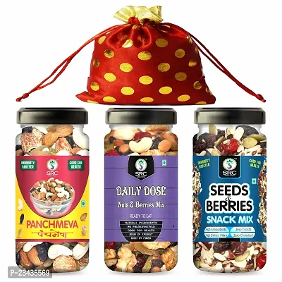 SRC CREATIONS Mix Dry Fruits Gift Pack Potli (Panchmeva100g+ Daliy Dose 100g+ Seeds  Berries 100g = 300g) Gifts for Family and Friends || Festival Gift' || Gift Potli Pack 300g