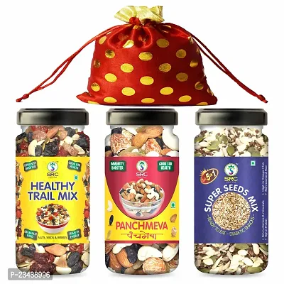 SRC CREATIONS Mix Dry Fruits Gift Pack Potli (Healthy trail Mix 100g+Panchmeva 100g+Super Seeds Mix 100g = 300g) Gifts for Family and Friends|Corporate Gifting|Diwali Gifts