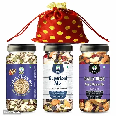 SRC CREATIONS Mix Dry Fruits Gift Pack Potli (Healthy Trail Mix 100g+ Panchmeva 100g+Super Seeds Mix 100g = 300g) Gifts for Family and Friends || Festive Gift's || Gifts Potli Pack 300 g