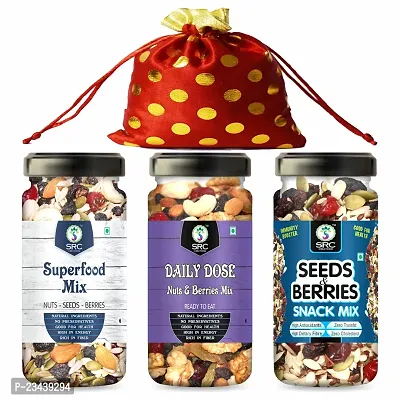 SRC CREATIONS Mix Dry Fruits Gift Pack Potli (Superfood Mix 100g+ Daily Dose 100g+ Seed  Berries 100g = 300g) Gifts for Family and Friends || Festive Gift's || Gift Potli Pack 300g