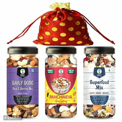 SRC CREATIONS Mix Dry Fruits Gift Pack Potli (Daily Dose 100g+Panchmeva 100g+ Superfood Mix 100g = 300g) Gifts for Family and Friends || Festive Gifting || Gifts Potali Pack 300g