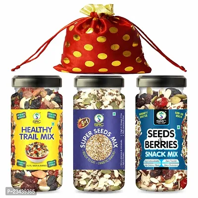 SRC CREATIONS Mix Dry Fruits Gift Pack Potli (Healthy Trail Mix 100g+ Super Seeds Mix 100g+ Seeds  Berries 100g = 300g) Gifts for Family and Friends || Corporate Gifting || Diwali Gifts