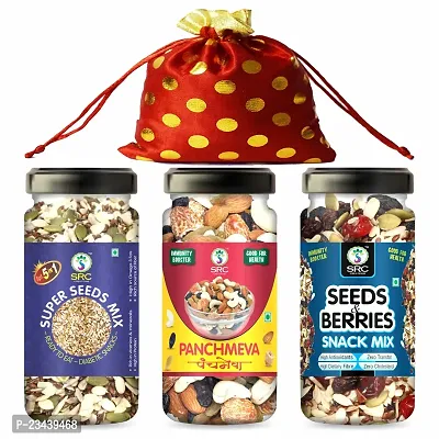 SRC CREATIONS Mix Dry Fruits Gift Pack Potli (Super Seeds Mix 100g+Panchmeva 100g+Seed  Berries 100g = 300g) Gifts for Family and Friends || Festive Gift's || Gift Potli Pack 300g