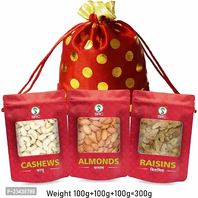 SRC CREATIONS Dry Fruits Fancy Potli Pack Cashew Nuts 100g, Almond Kernels 100g, Green Raisins 100g for festive, wedding, Family, Friends and other gifting purpose-thumb0