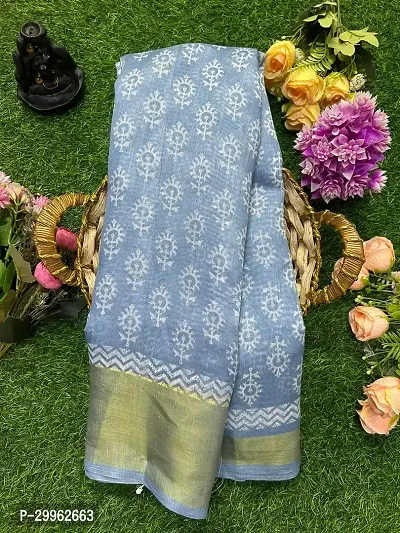 Stylish Grey Cotton Blend Saree with Blouse piece For Women