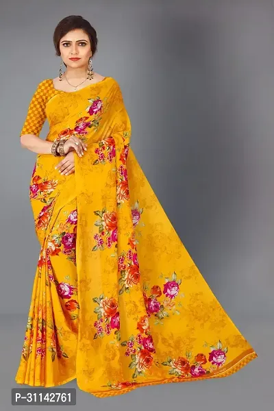 Stylish Georgette Yellow Printed Saree with Blouse piece For Women-thumb0