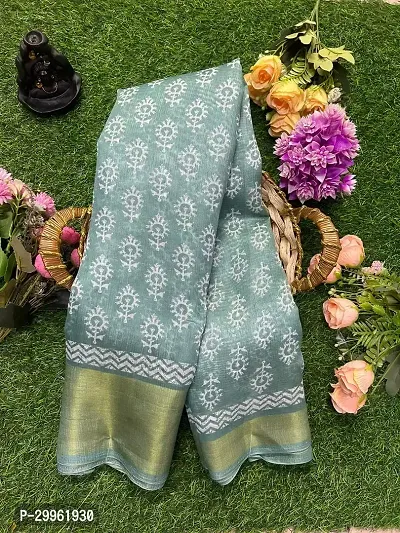 Stylish Green Cotton Blend Saree with Blouse piece For Women-thumb0