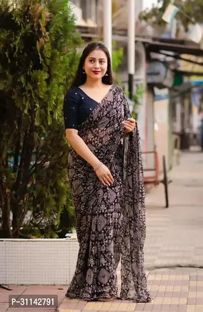 Stylish Georgette Black Printed Saree with Blouse piece For Women-thumb0