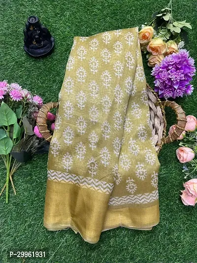 Stylish Beige Cotton Blend Saree with Blouse piece For Women