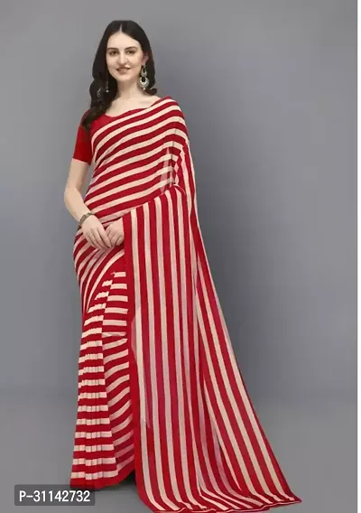 Stylish Georgette Red Striped Saree with Blouse piece For Women-thumb0