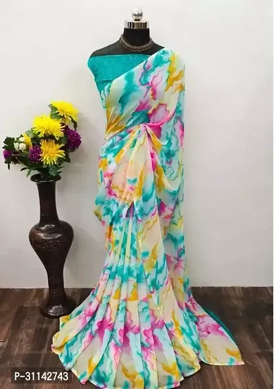 Stylish Georgette Multicoloured Printed Saree with Blouse piece For Women-thumb0