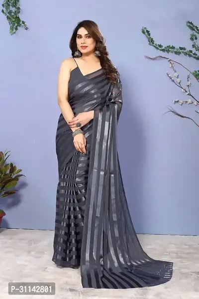 Stylish Georgette Grey Striped Saree with Blouse piece For Women-thumb0