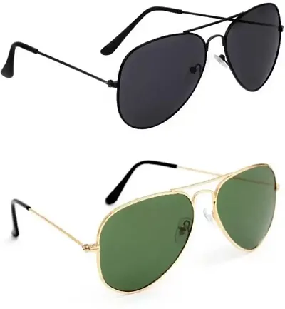 Abster UV Protection Glass Lenses Aviator Sunglasses Combo for Men Women (9060-Gld-G15-Blk-Blk-Combo|Black, Green) 2Pc